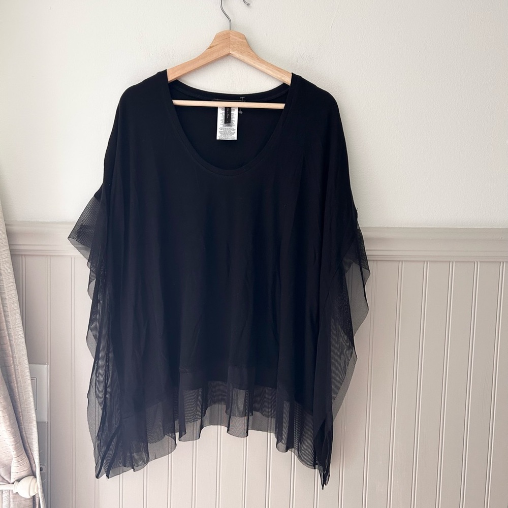 BCBGMaxAzria Lucilla Batwing Black Flowy Blouse Mesh Overlay